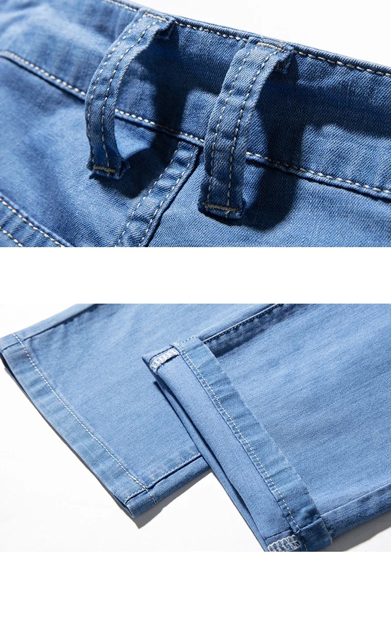 Men Jeans Classic Summer Lyocell Cotton Straight Stretch Brand Denim Pants Overalls Light Blue Fit Trouser Plus Size 40 42