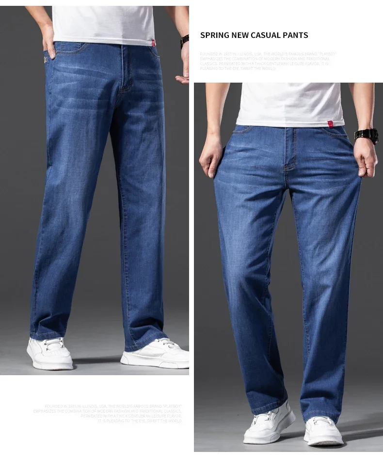 Men Jeans Classic Summer Lyocell Cotton Straight Stretch Brand Denim Pants Overalls Light Blue Fit Trouser Plus Size 40 42