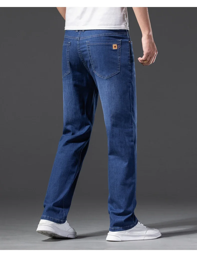 Men Jeans Classic Summer Lyocell Cotton Straight Stretch Brand Denim Pants Overalls Light Blue Fit Trouser Plus Size 40 42