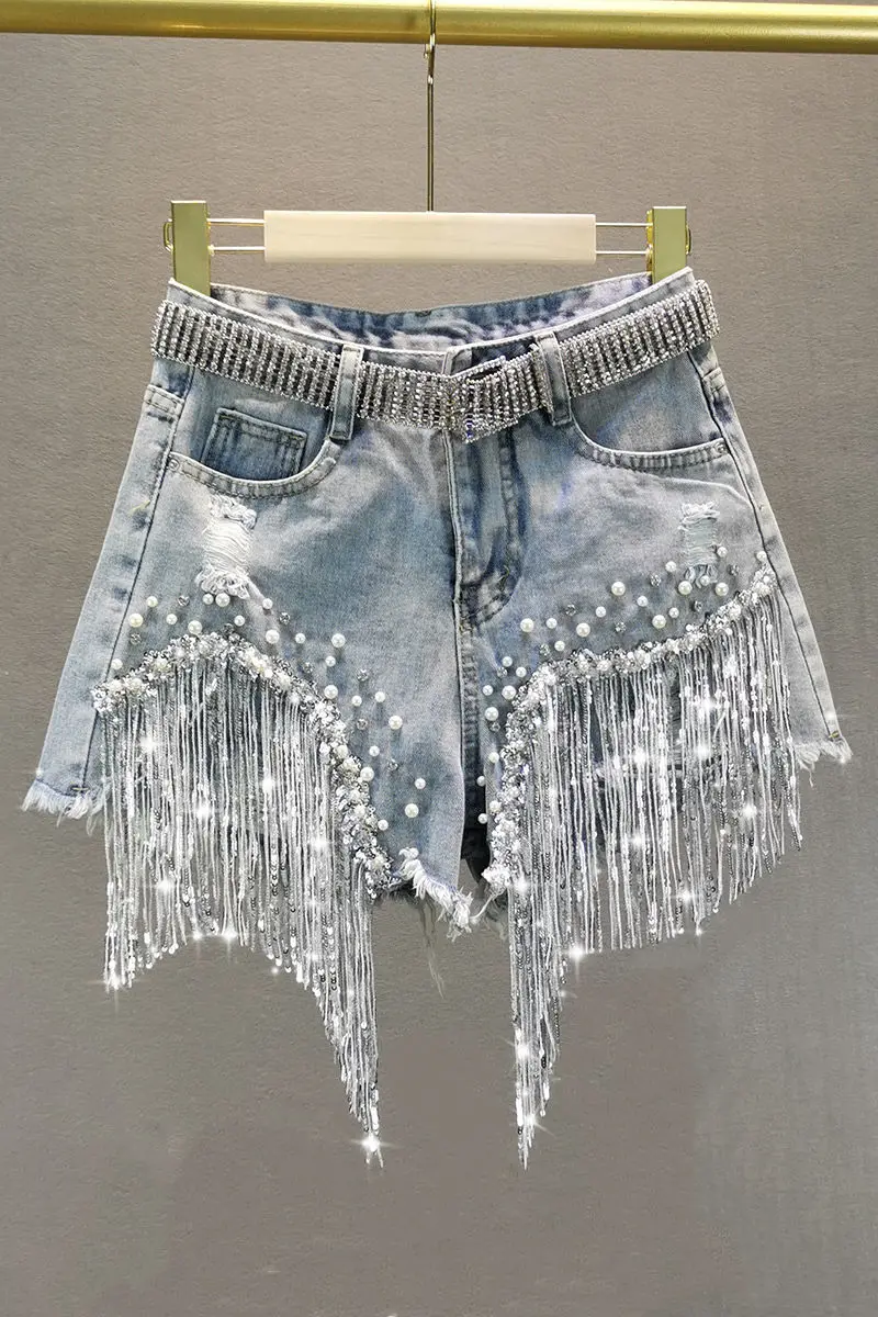 Summer Elegant Shorts Lady Tassel Beading High Waist Wide Leg Denim Shorts Female Casual Solid Shorts Jeans for Women Clothing