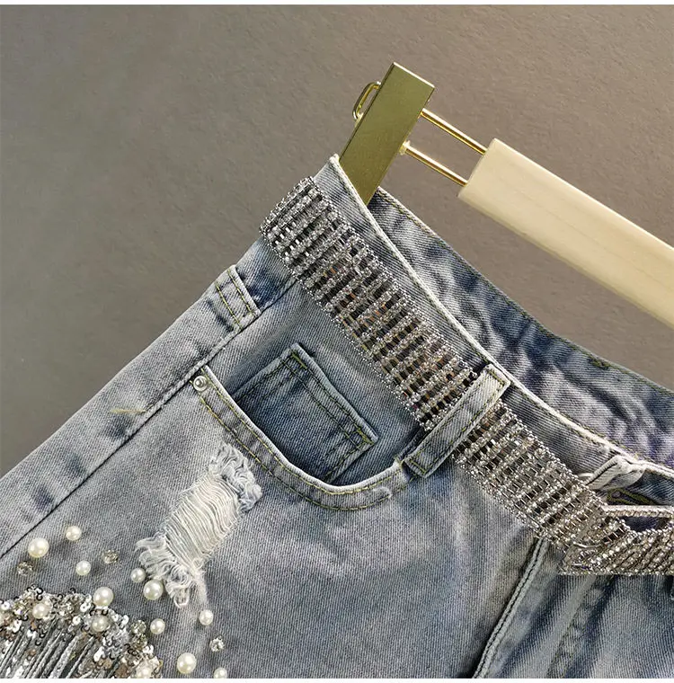 Summer Elegant Shorts Lady Tassel Beading High Waist Wide Leg Denim Shorts Female Casual Solid Shorts Jeans for Women Clothing