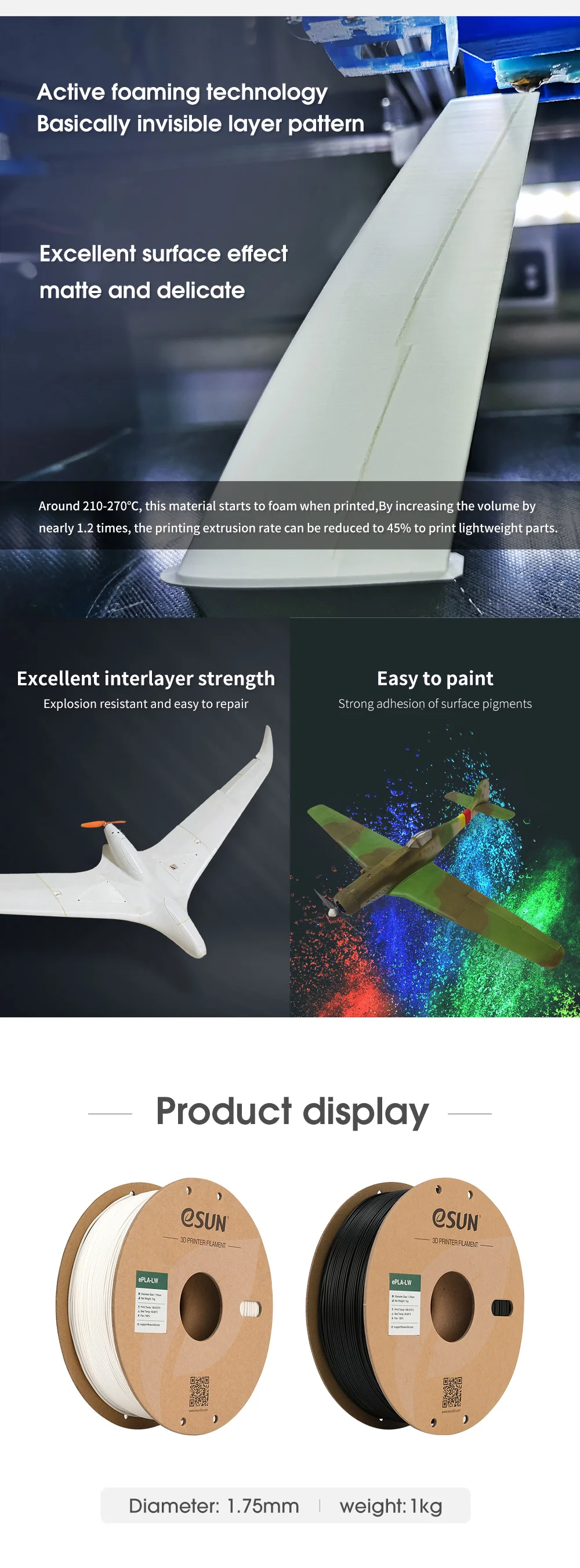 ESUN PLA-LW 3D Printer Filament 1.75mm 1KG 2.2LBS 3D Printing Filament Light Weight Foam Material for 3D Printer Aircraft