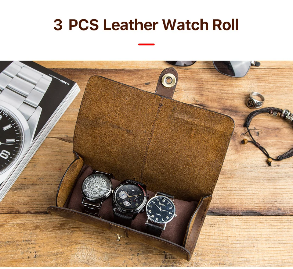 3 Slot Watch Box Handmade Watch Roll Travel Case Wristwatch Pouch 100% Cow Leather Slid in Out Organizer Gifts
