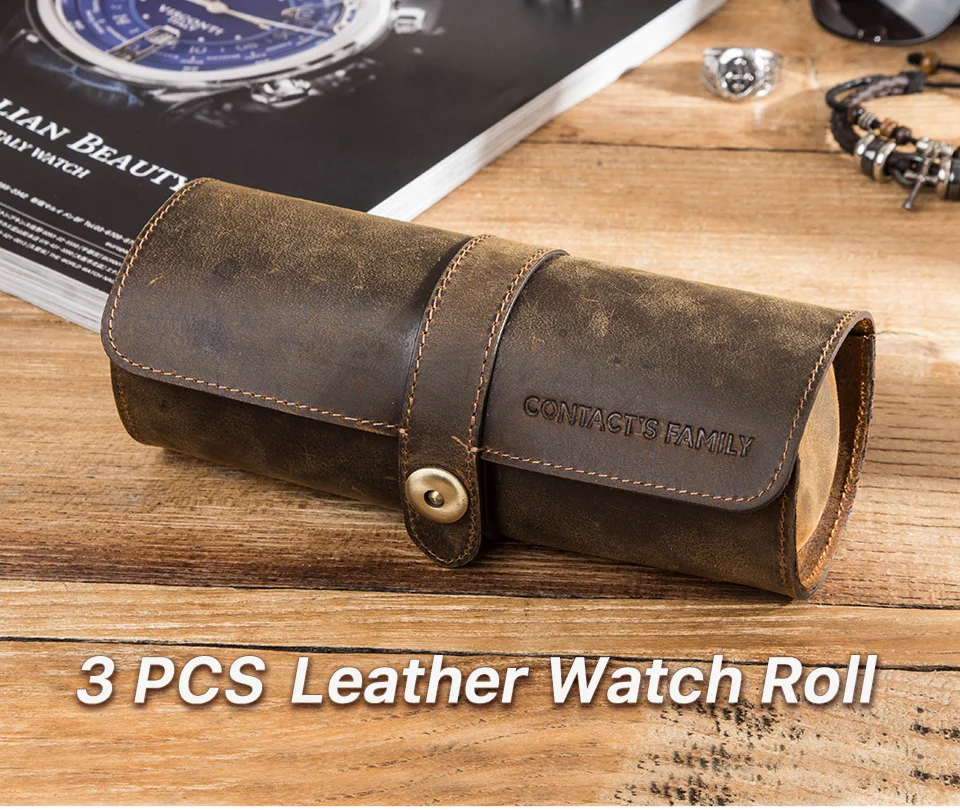 3 Slot Watch Box Handmade Watch Roll Travel Case Wristwatch Pouch 100% Cow Leather Slid in Out Organizer Gifts