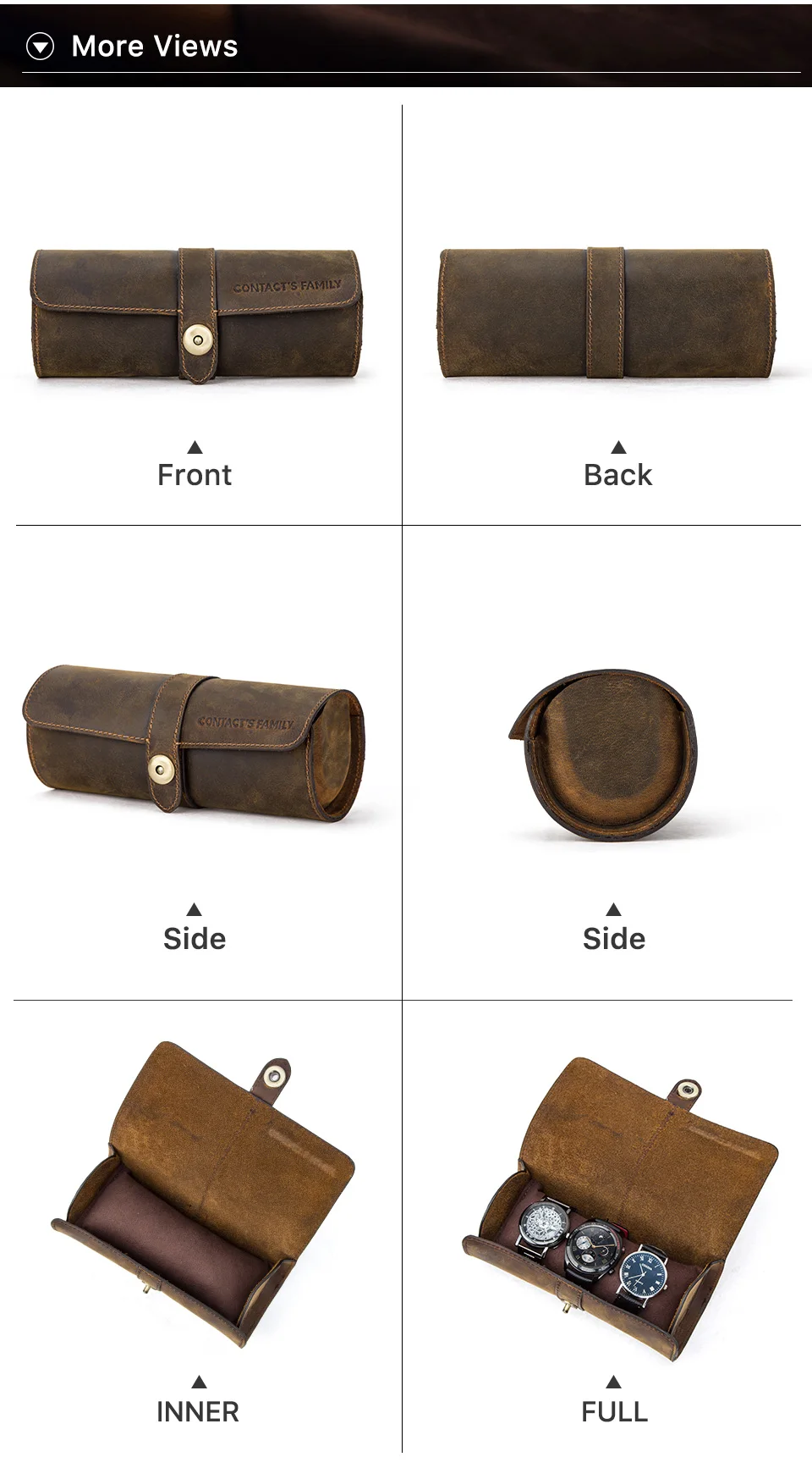3 Slot Watch Box Handmade Watch Roll Travel Case Wristwatch Pouch 100% Cow Leather Slid in Out Organizer Gifts