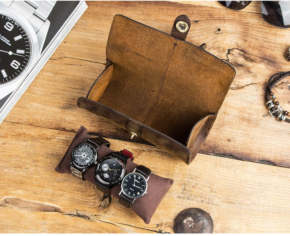 3 Slot Watch Box Handmade Watch Roll Travel Case Wristwatch Pouch 100% Cow Leather Slid in Out Organizer Gifts