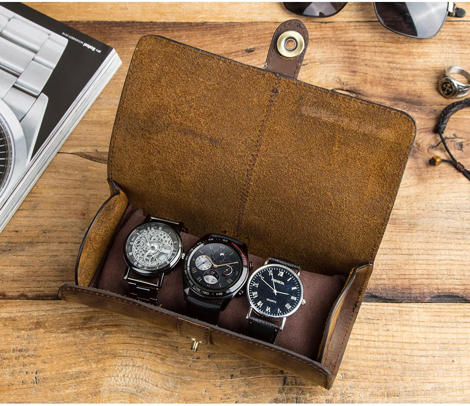 3 Slot Watch Box Handmade Watch Roll Travel Case Wristwatch Pouch 100% Cow Leather Slid in Out Organizer Gifts