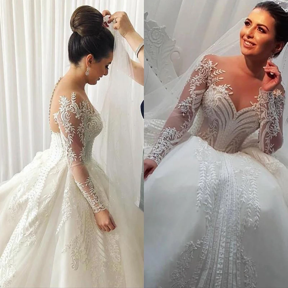 Elegant Vestidos De Noiva Plus Size Wedding Dress Customized Long Sleeve Svatební šaty Ball Gown Lace Cвадебное платье