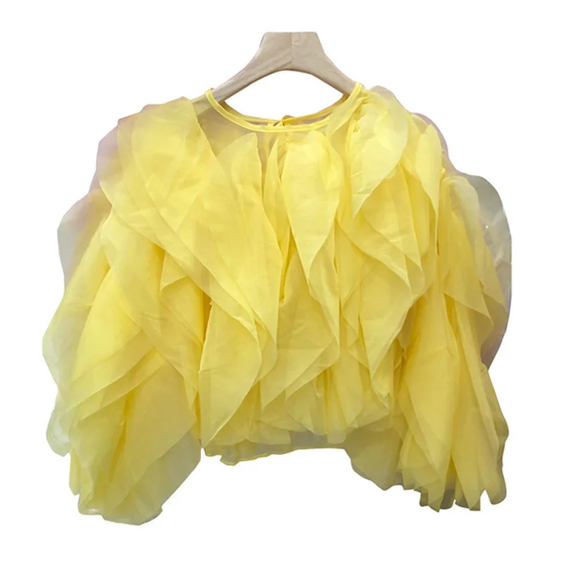 TWOTWINSTYLE Vintage Patchwork Ruffle Shirt For Women O Neck Lantern Long Sleeve Solid Elegant Blouse Female Fashion New Style