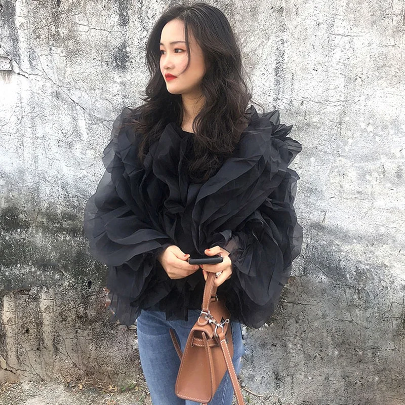 TWOTWINSTYLE Vintage Patchwork Ruffle Shirt For Women O Neck Lantern Long Sleeve Solid Elegant Blouse Female Fashion New Style