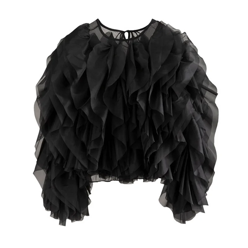 TWOTWINSTYLE Vintage Patchwork Ruffle Shirt For Women O Neck Lantern Long Sleeve Solid Elegant Blouse Female Fashion New Style