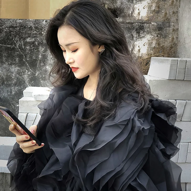 TWOTWINSTYLE Vintage Patchwork Ruffle Shirt For Women O Neck Lantern Long Sleeve Solid Elegant Blouse Female Fashion New Style