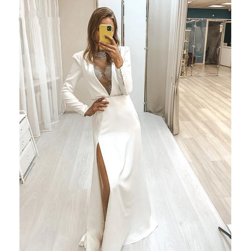 Luxury Beaded Satin Wedding Dresses 2026 Long Sleeves A-Line Backless Side Split Bride Gowns Princess Party Dress Customized
