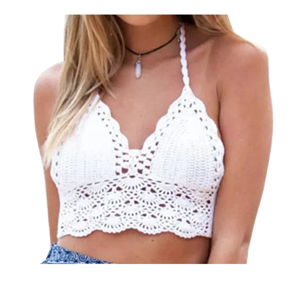 Handmade Crochet Lace Knit Bra Boho Beach Bikini Cami Tank Crop Top Halter