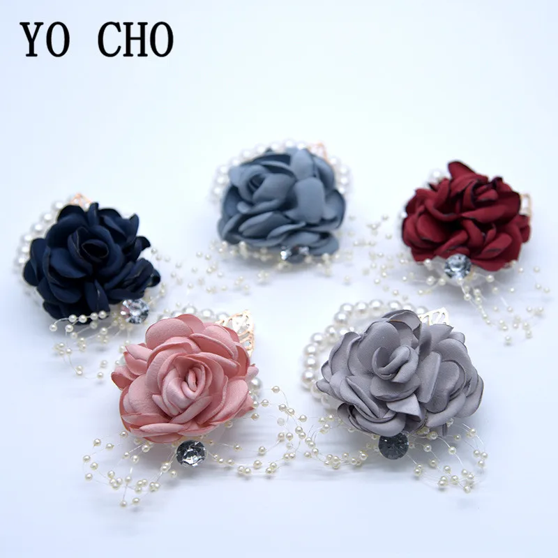 YO CHO Wrist Corsage Wedding Bracelet for Bridesmaid Burgundy Silk Wrist Corsage Bridesmaid Sisters Hand Flowers Men Boutonniere