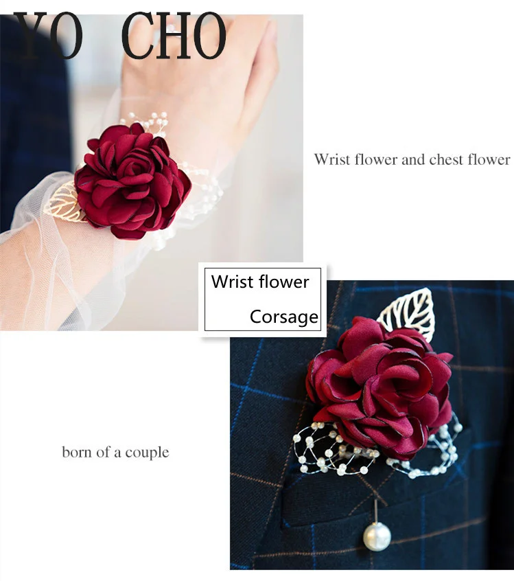 YO CHO Wrist Corsage Wedding Bracelet for Bridesmaid Burgundy Silk Wrist Corsage Bridesmaid Sisters Hand Flowers Men Boutonniere