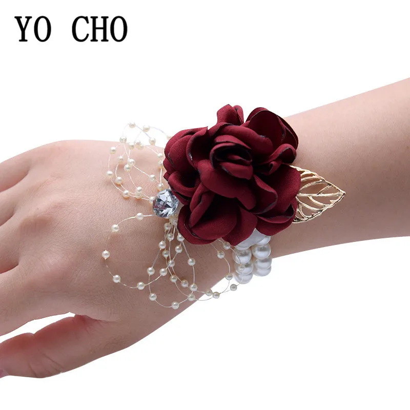 YO CHO Wrist Corsage Wedding Bracelet for Bridesmaid Burgundy Silk Wrist Corsage Bridesmaid Sisters Hand Flowers Men Boutonniere