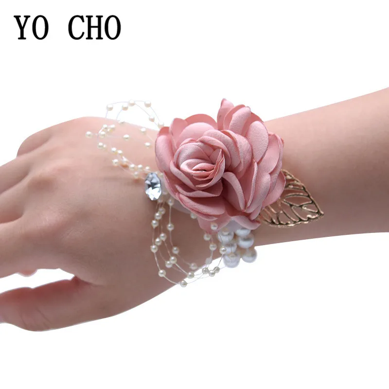 YO CHO Wrist Corsage Wedding Bracelet for Bridesmaid Burgundy Silk Wrist Corsage Bridesmaid Sisters Hand Flowers Men Boutonniere