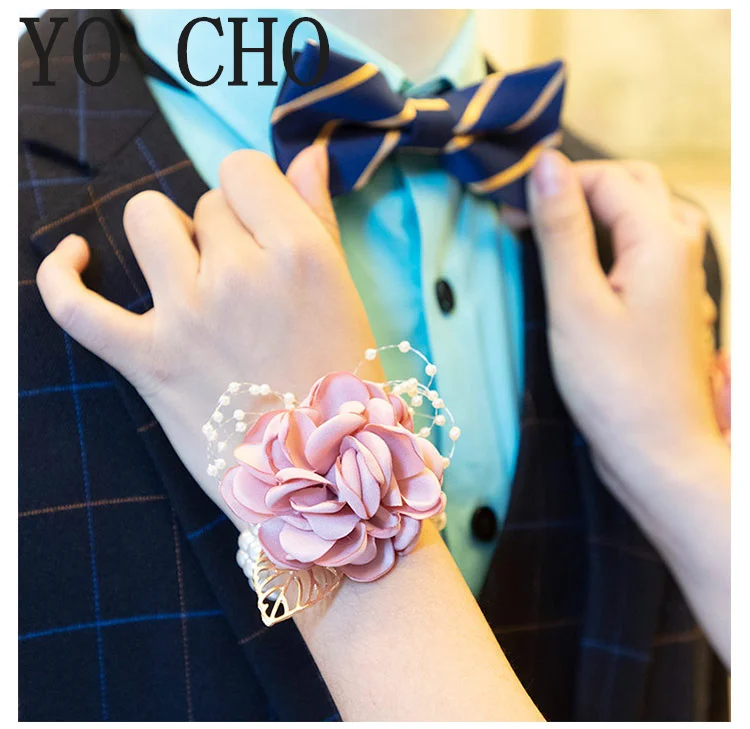 YO CHO Wrist Corsage Wedding Bracelet for Bridesmaid Burgundy Silk Wrist Corsage Bridesmaid Sisters Hand Flowers Men Boutonniere