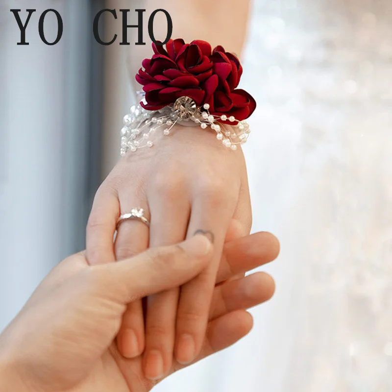 YO CHO Wrist Corsage Wedding Bracelet for Bridesmaid Burgundy Silk Wrist Corsage Bridesmaid Sisters Hand Flowers Men Boutonniere