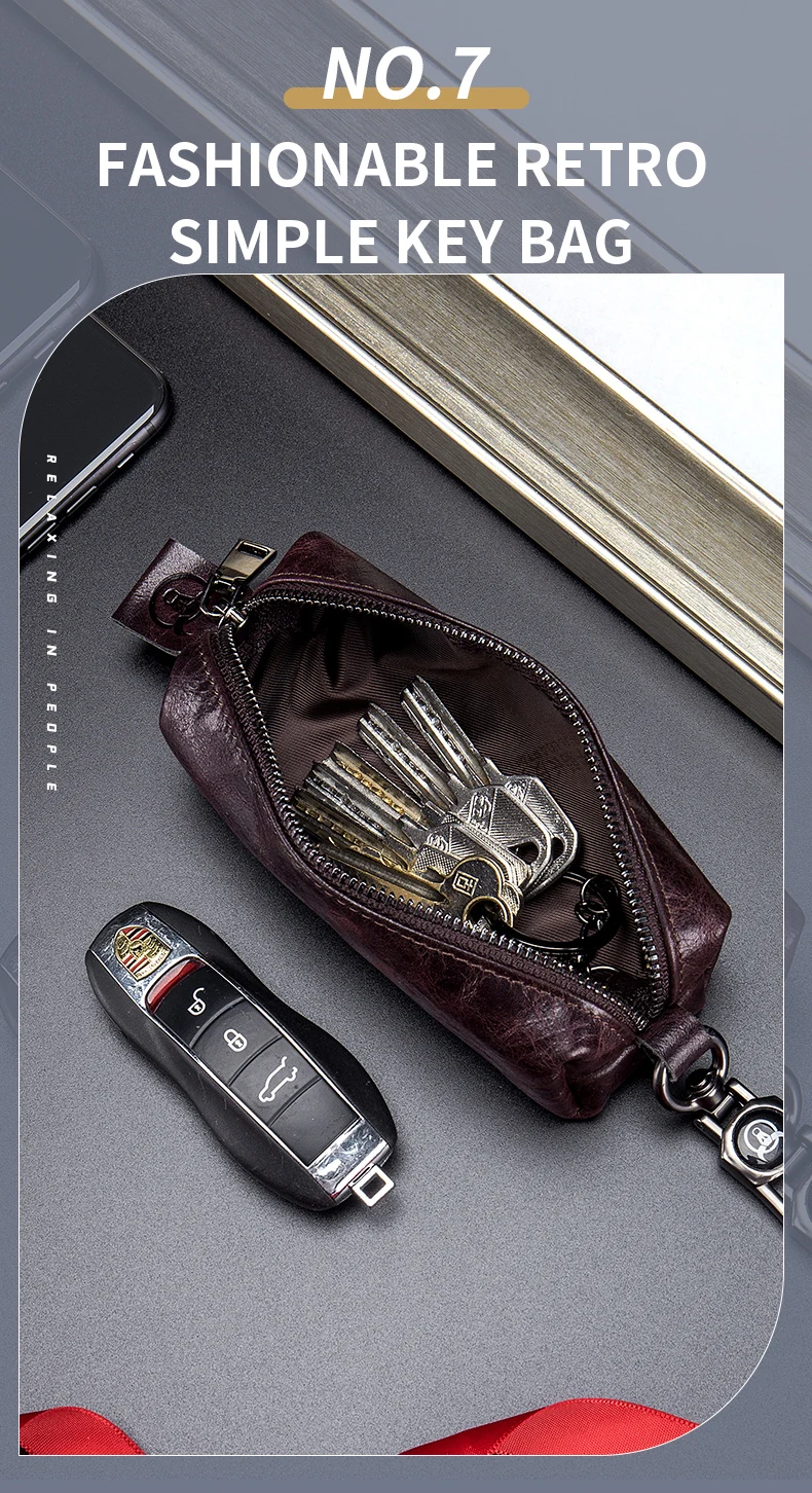 BULLCAPTAIN Genuine Leather Men's Car Keychain Leather Key Case High Quality Men's Butler Key Clip Zipper Two Card Key Case