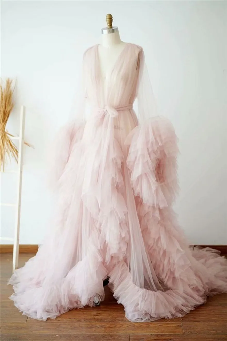Real Images Maternity Robes Wedding Shawl Pregnant Women Sexy Tulle Bathrobe Dresses Photo Shoot Party Fluffy Baby Shower Gowns