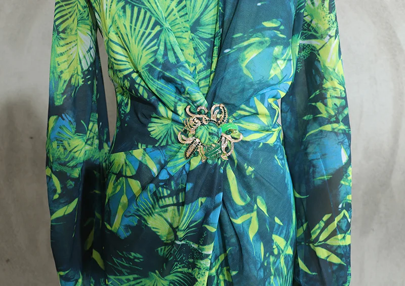 Long Green Printed Deep V-neck Dress Jewelry Buckle Banquet Dress Summer Impreso Saten Floral Formal Bridal Party Beach