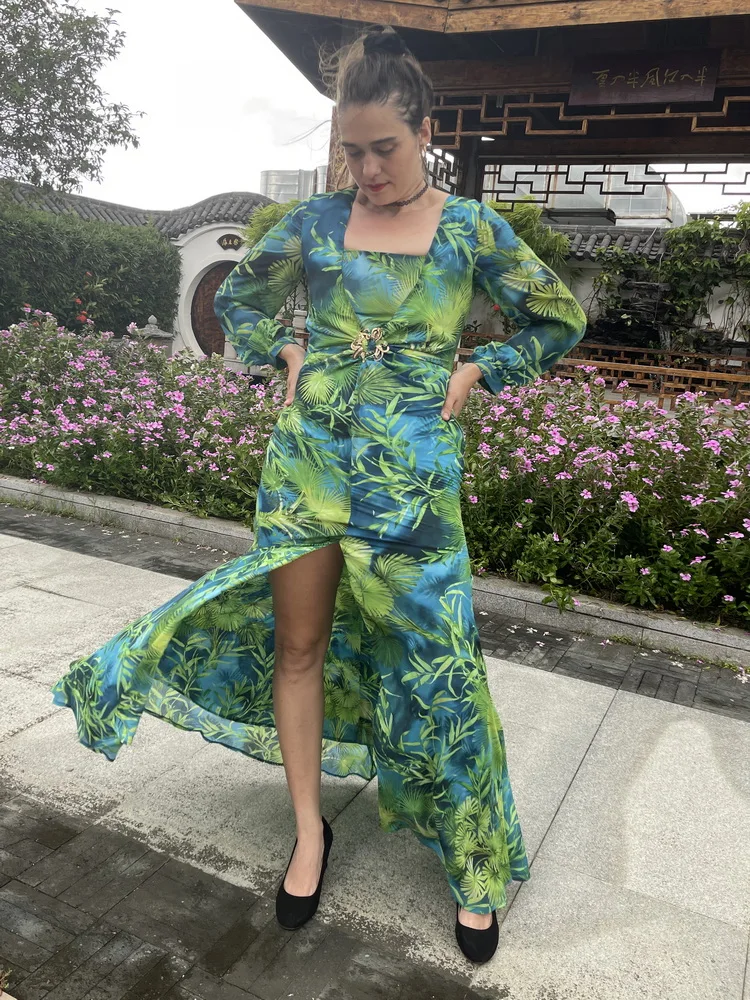 Long Green Printed Deep V-neck Dress Jewelry Buckle Banquet Dress Summer Impreso Saten Floral Formal Bridal Party Beach