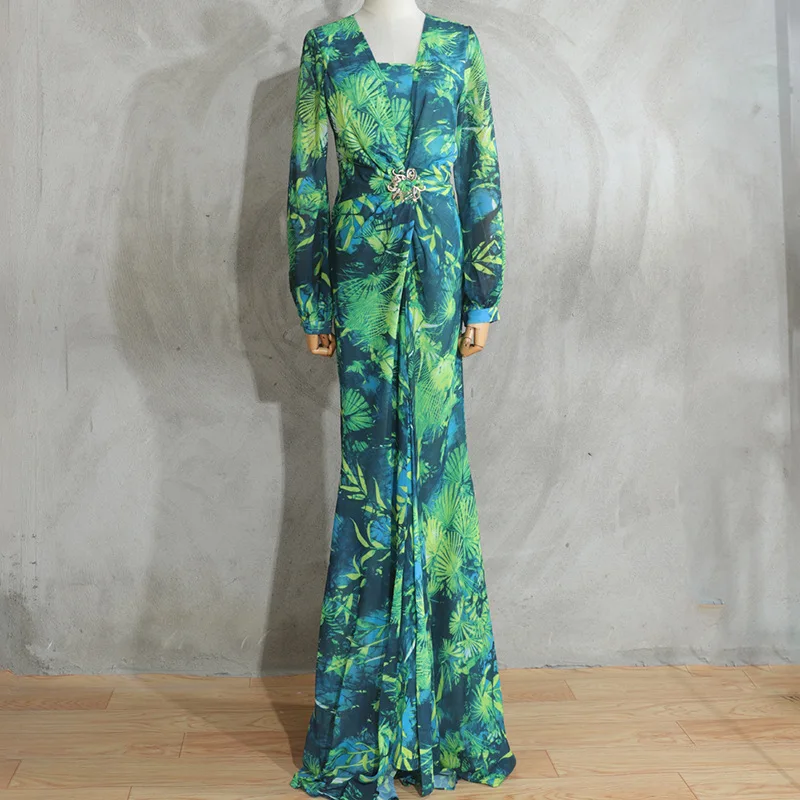 Long Green Printed Deep V-neck Dress Jewelry Buckle Banquet Dress Summer Impreso Saten Floral Formal Bridal Party Beach