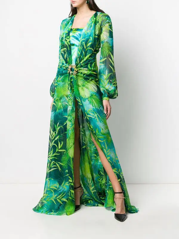 Long Green Printed Deep V-neck Dress Jewelry Buckle Banquet Dress Summer Impreso Saten Floral Formal Bridal Party Beach