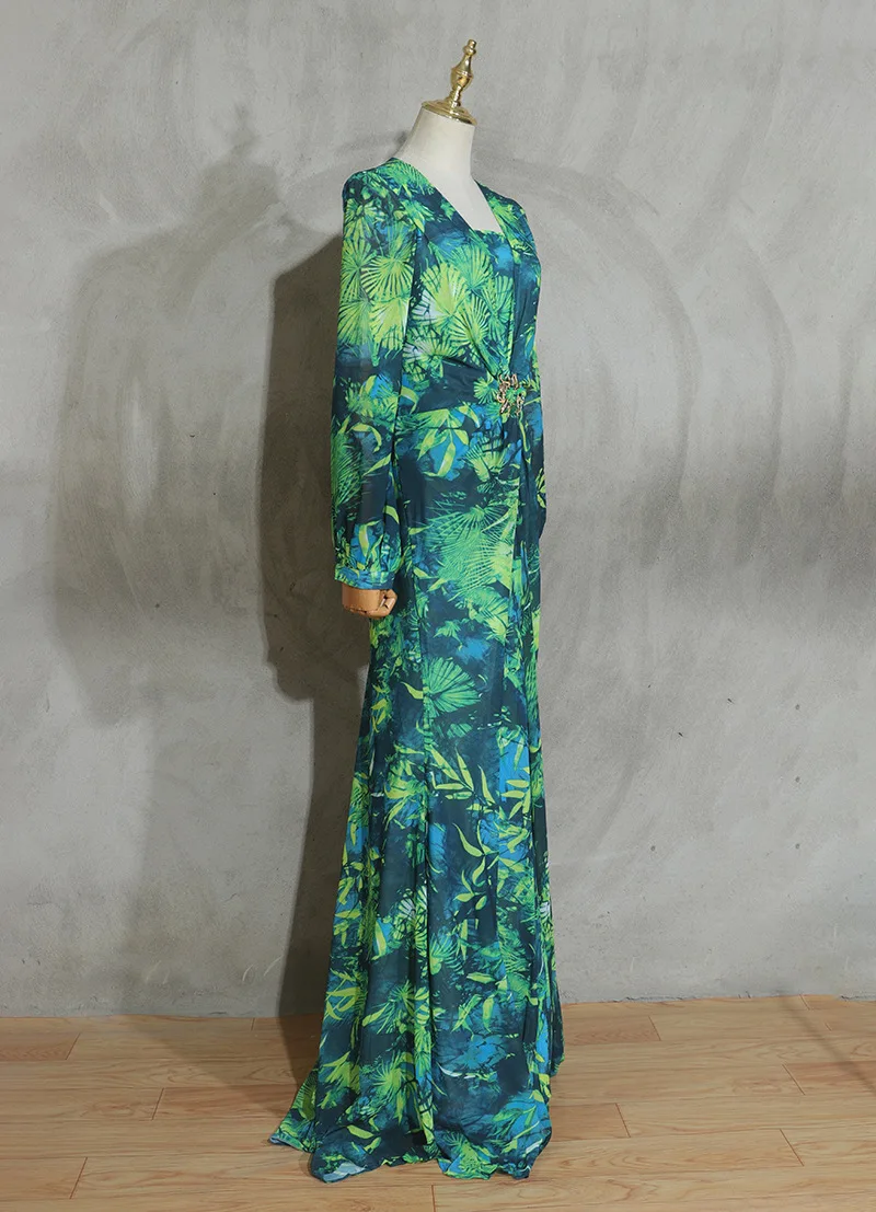 Long Green Printed Deep V-neck Dress Jewelry Buckle Banquet Dress Summer Impreso Saten Floral Formal Bridal Party Beach