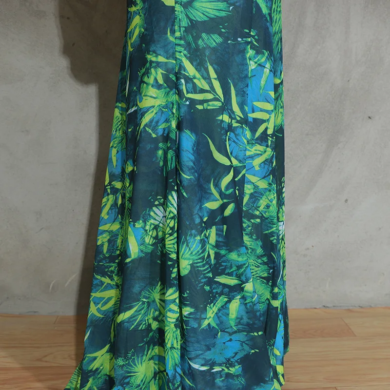 Long Green Printed Deep V-neck Dress Jewelry Buckle Banquet Dress Summer Impreso Saten Floral Formal Bridal Party Beach