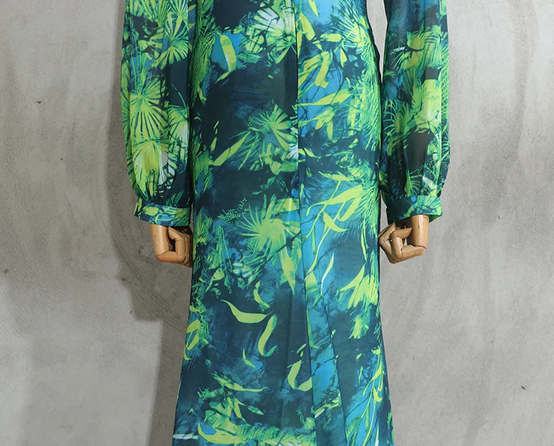 Long Green Printed Deep V-neck Dress Jewelry Buckle Banquet Dress Summer Impreso Saten Floral Formal Bridal Party Beach