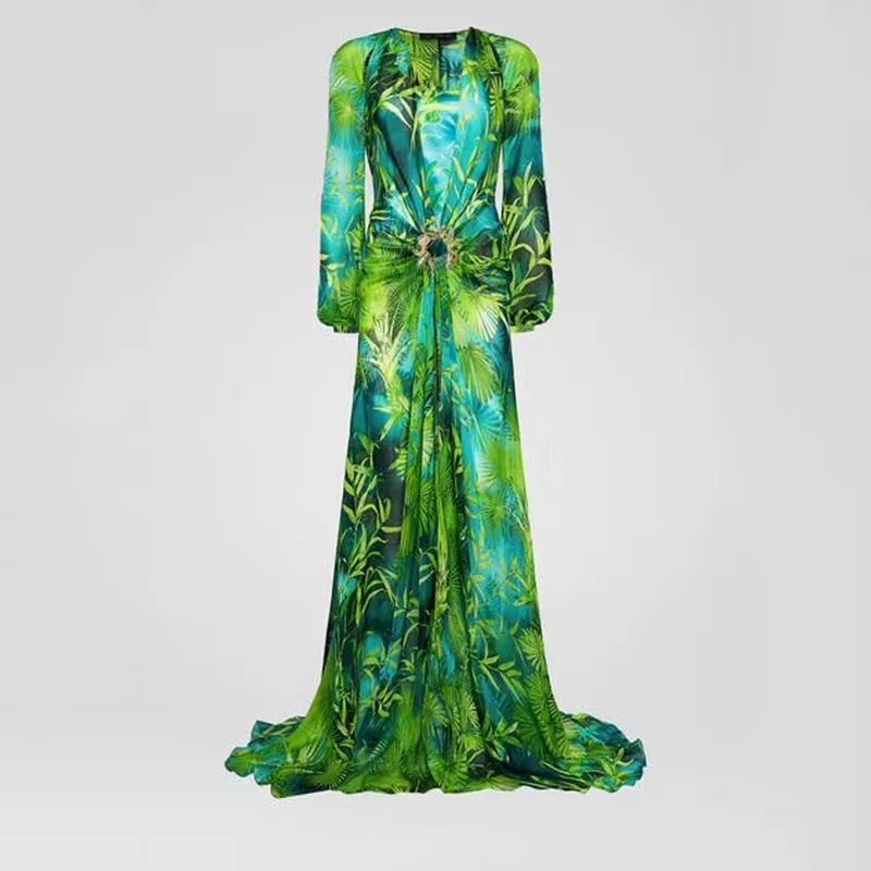 Long Green Printed Deep V-neck Dress Jewelry Buckle Banquet Dress Summer Impreso Saten Floral Formal Bridal Party Beach