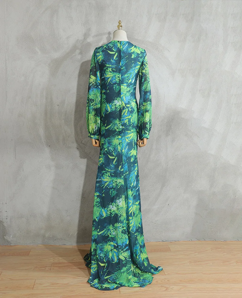 Long Green Printed Deep V-neck Dress Jewelry Buckle Banquet Dress Summer Impreso Saten Floral Formal Bridal Party Beach