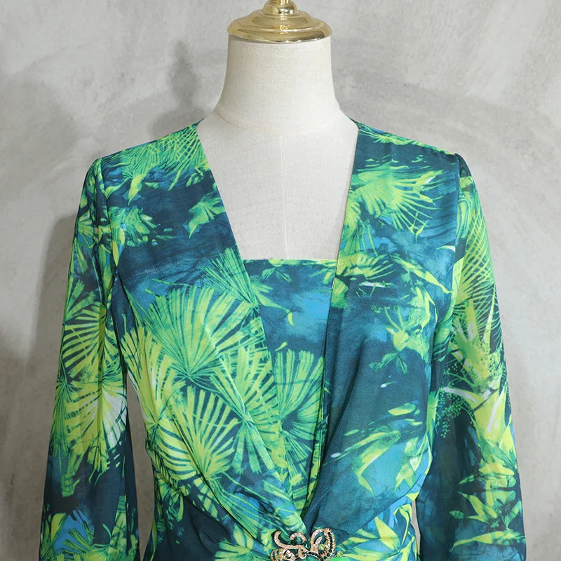 Long Green Printed Deep V-neck Dress Jewelry Buckle Banquet Dress Summer Impreso Saten Floral Formal Bridal Party Beach