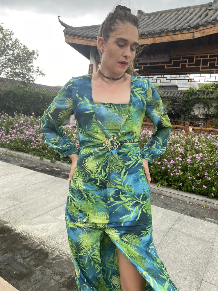 Long Green Printed Deep V-neck Dress Jewelry Buckle Banquet Dress Summer Impreso Saten Floral Formal Bridal Party Beach