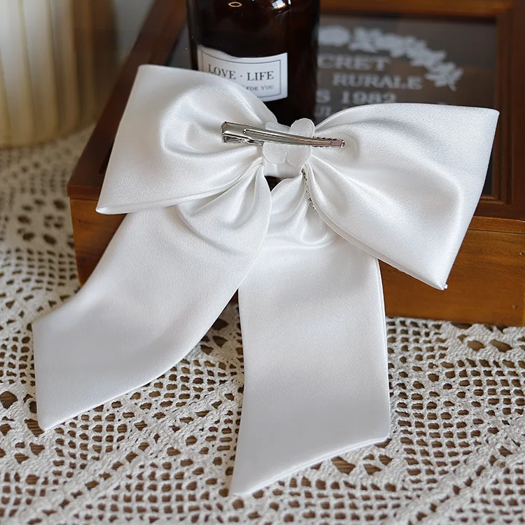 Bridal White Satin Bow Barrettes Wedding Side Clip Headdress Elegant Hair Accessories for Women