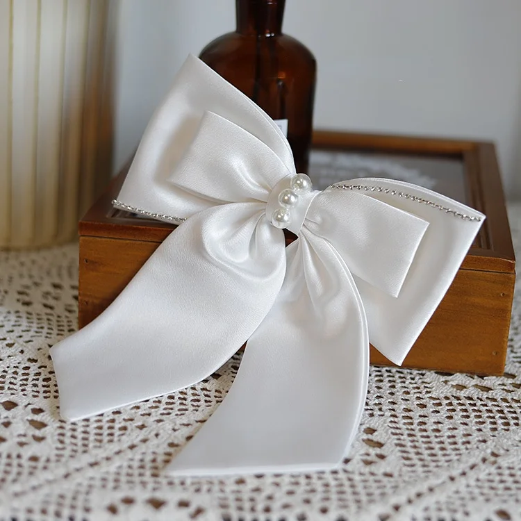 Bridal White Satin Bow Barrettes Wedding Side Clip Headdress Elegant Hair Accessories for Women