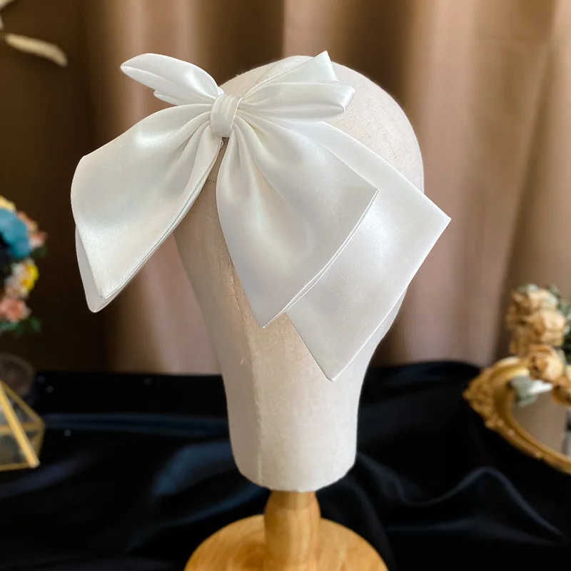 Bridal White Satin Bow Barrettes Wedding Side Clip Headdress Elegant Hair Accessories for Women