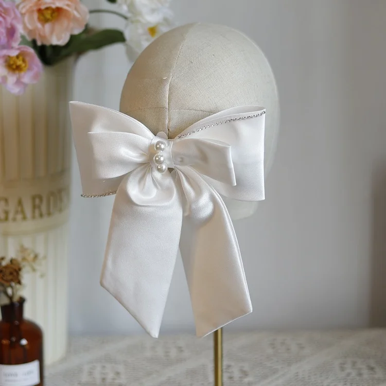 Bridal White Satin Bow Barrettes Wedding Side Clip Headdress Elegant Hair Accessories for Women