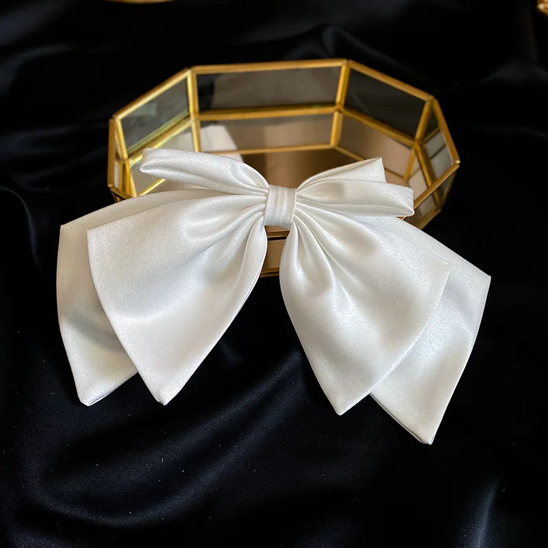 Bridal White Satin Bow Barrettes Wedding Side Clip Headdress Elegant Hair Accessories for Women