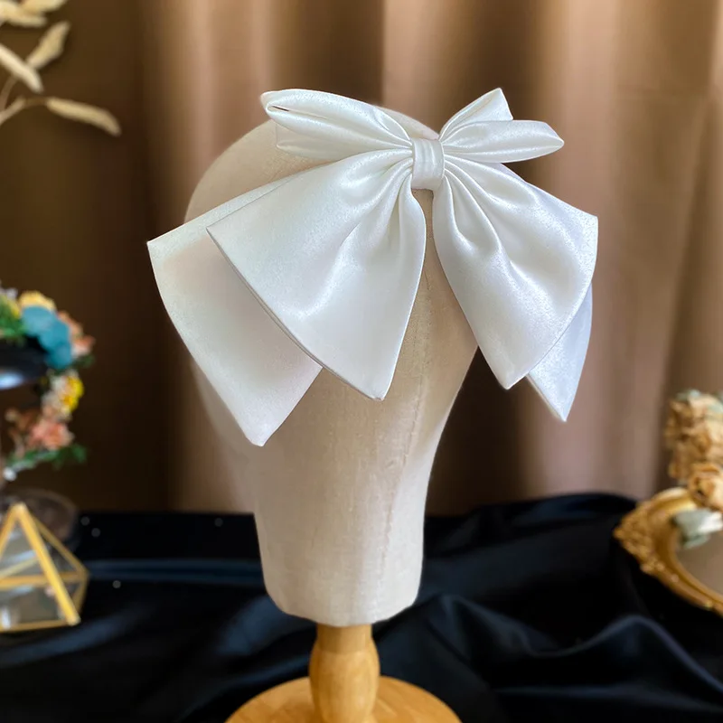 Bridal White Satin Bow Barrettes Wedding Side Clip Headdress Elegant Hair Accessories for Women