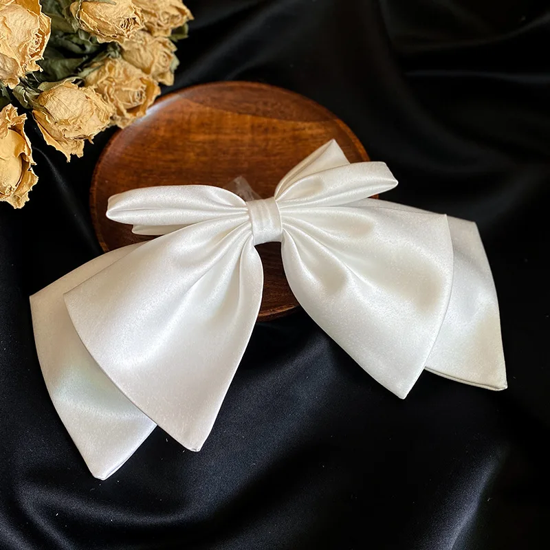 Bridal White Satin Bow Barrettes Wedding Side Clip Headdress Elegant Hair Accessories for Women
