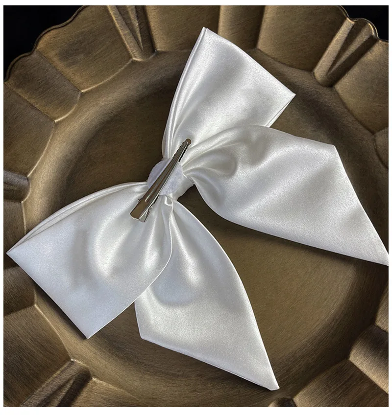 Bridal White Satin Bow Barrettes Wedding Side Clip Headdress Elegant Hair Accessories for Women