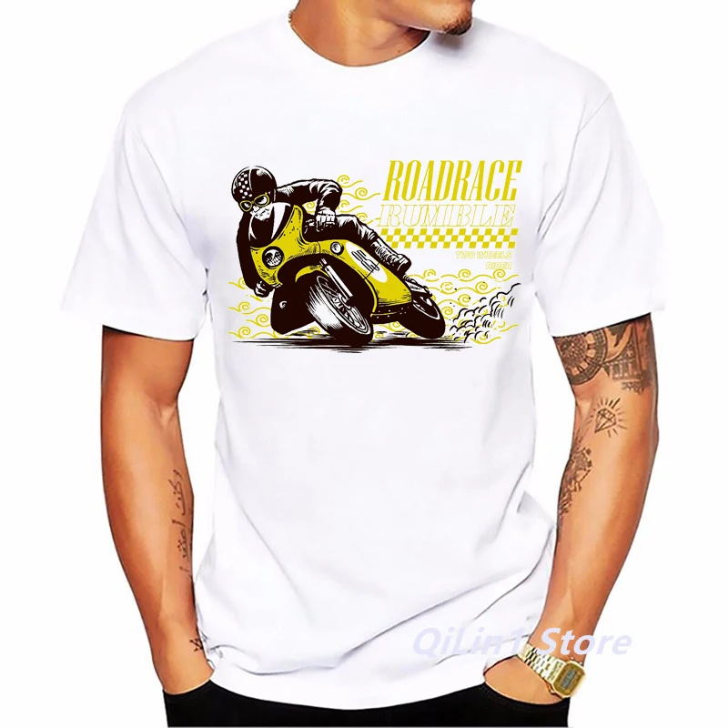 Cafe Racer Motorcycle Print Men's Vintage T Shirt Summer 2024 White Short Sleeve Casual Top 90s Cool Hip Hop Rock Tshirt Graphic
