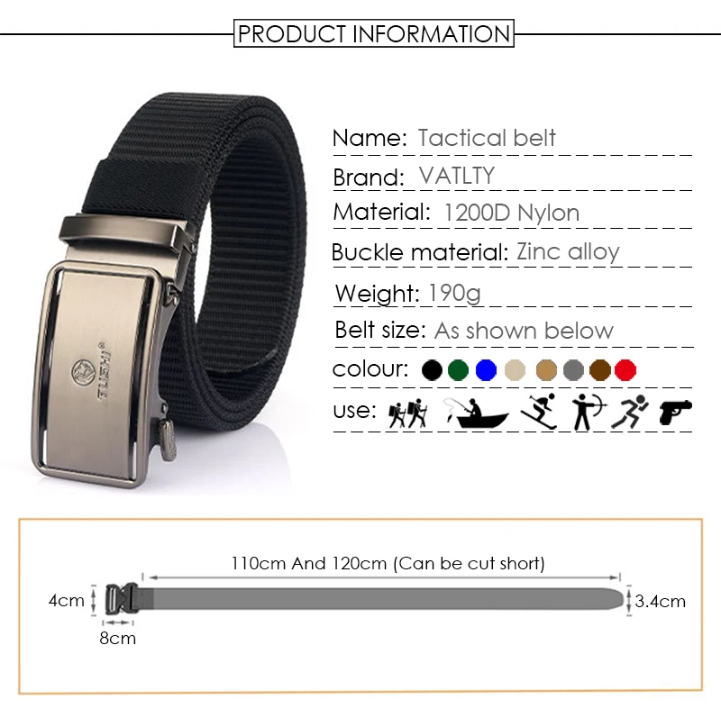VATLTY New 3.4cm Tactical Belt for Men 1200D Tight Thick Nylon Casual Belt Alloy Automatic Buckle Tactical Outdoor Belt Male