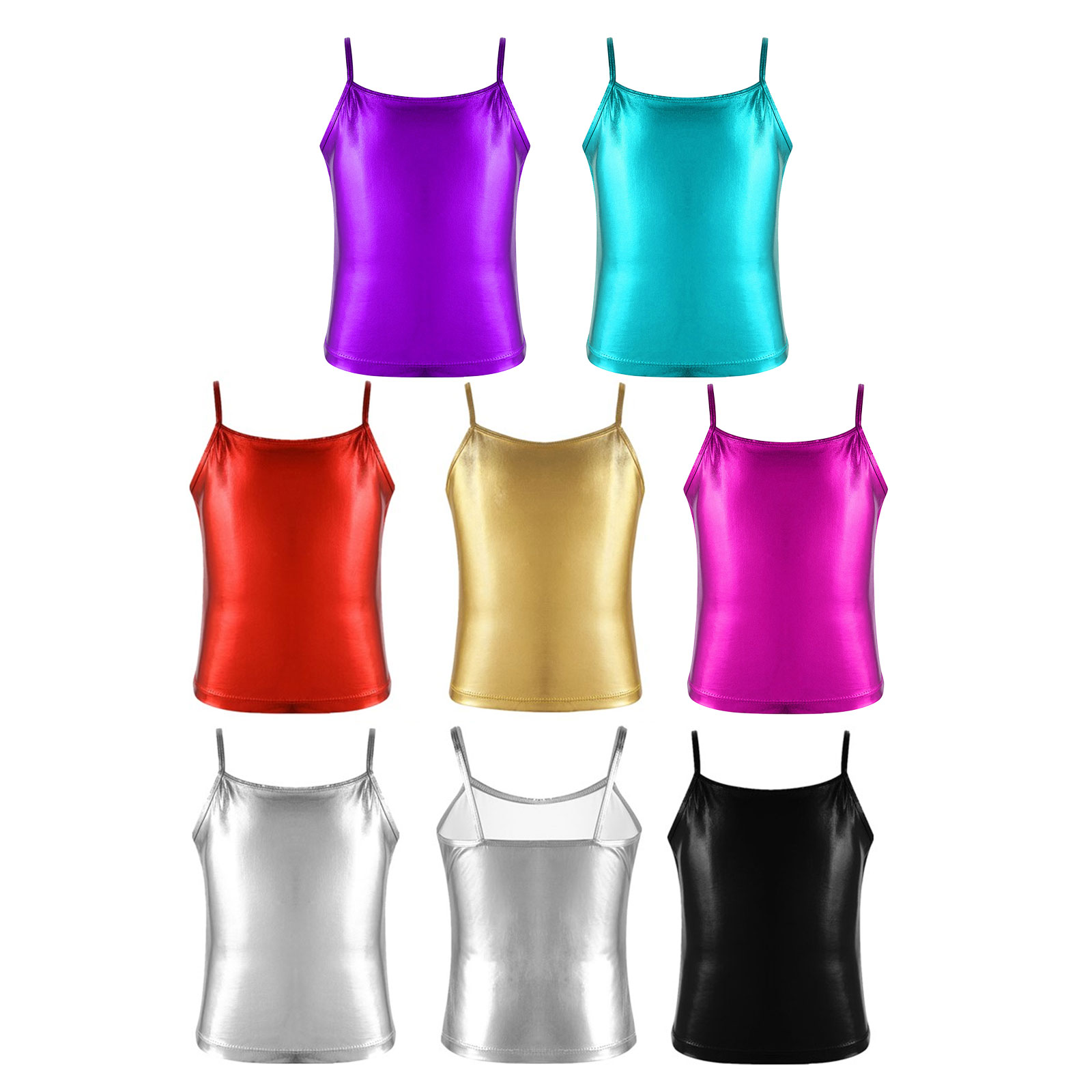 Kids Clothes Girls Shiny Metallic Camisole Tank Top Dance Costume Children Gymnastics Workout Stage Performance Clothing Tops