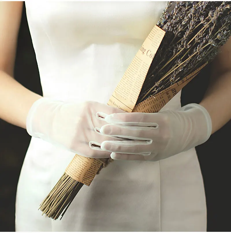 WG002 Simple Handmade Women Wedding Bridal Short White Gloves Breathable Tulle Wrist Finger Brides Bridesmaid Handschuh