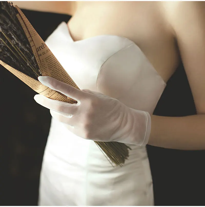 WG002 Simple Handmade Women Wedding Bridal Short White Gloves Breathable Tulle Wrist Finger Brides Bridesmaid Handschuh